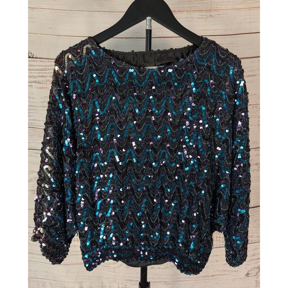 Vintage Sequin Top Three Flaggs Teal Purple Metallic Zig Zag 80s Disco Blouse